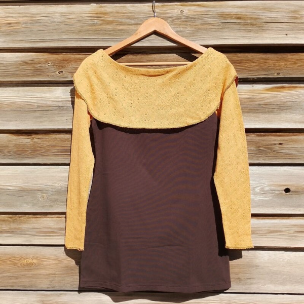 Camiseta-vestido ganchillo Chocolate-Mostaza